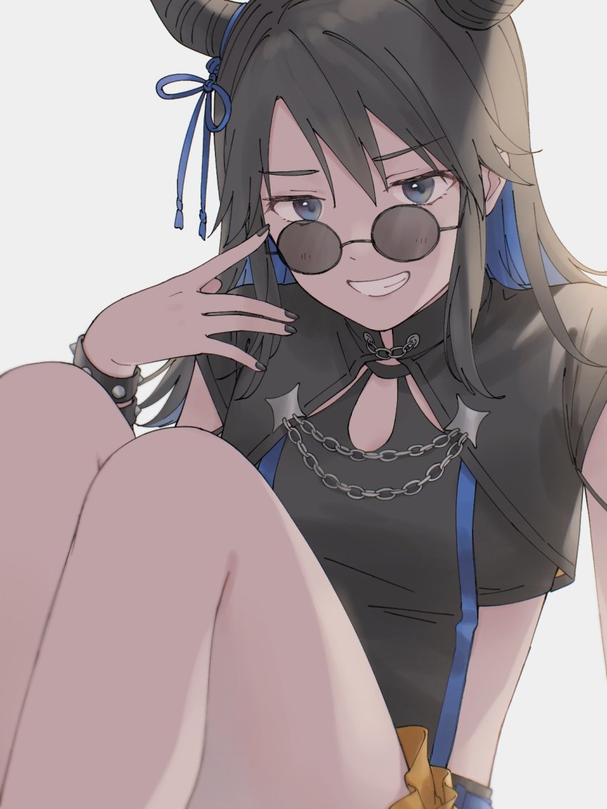 1girl, alternate_hairstyle, black_hair, black_horns, black_nails, blue_eyes, blue_hair, blue_ribbon