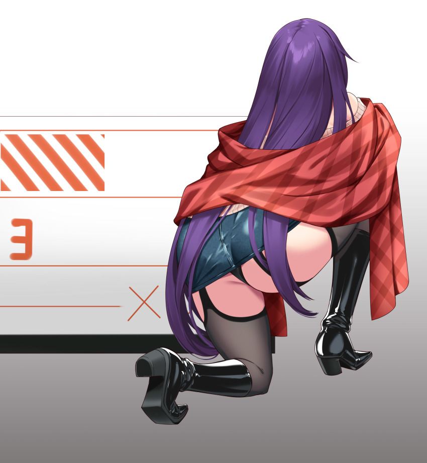 1girl, absurdres, ass, black_footwear, boots, cosplay, gloves, goddess_of_victory:_nikke