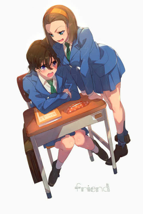 2girls, black_hair, breasts, briefcase, brown_hair, chair, desk, echo_(circa)