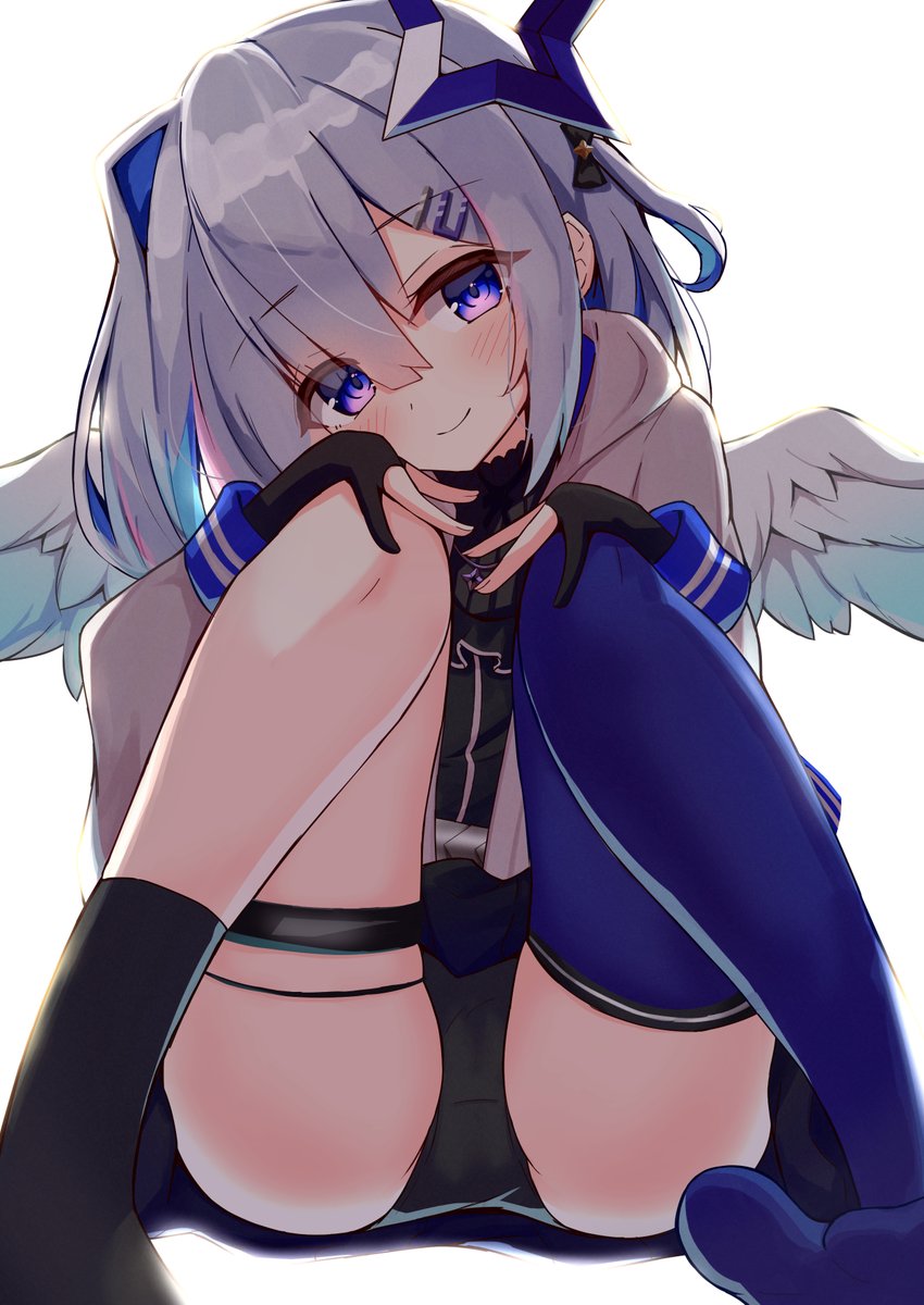 1girl, amane_kanata, batarop, black_panties, blue_eyes, blue_hair, blush, feet