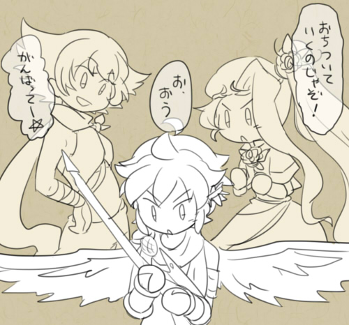 1boy, 2girls, angel, angel_wings, armband, clenched_hands, dark_pit, dark_pit_staff_(kid_icarus)