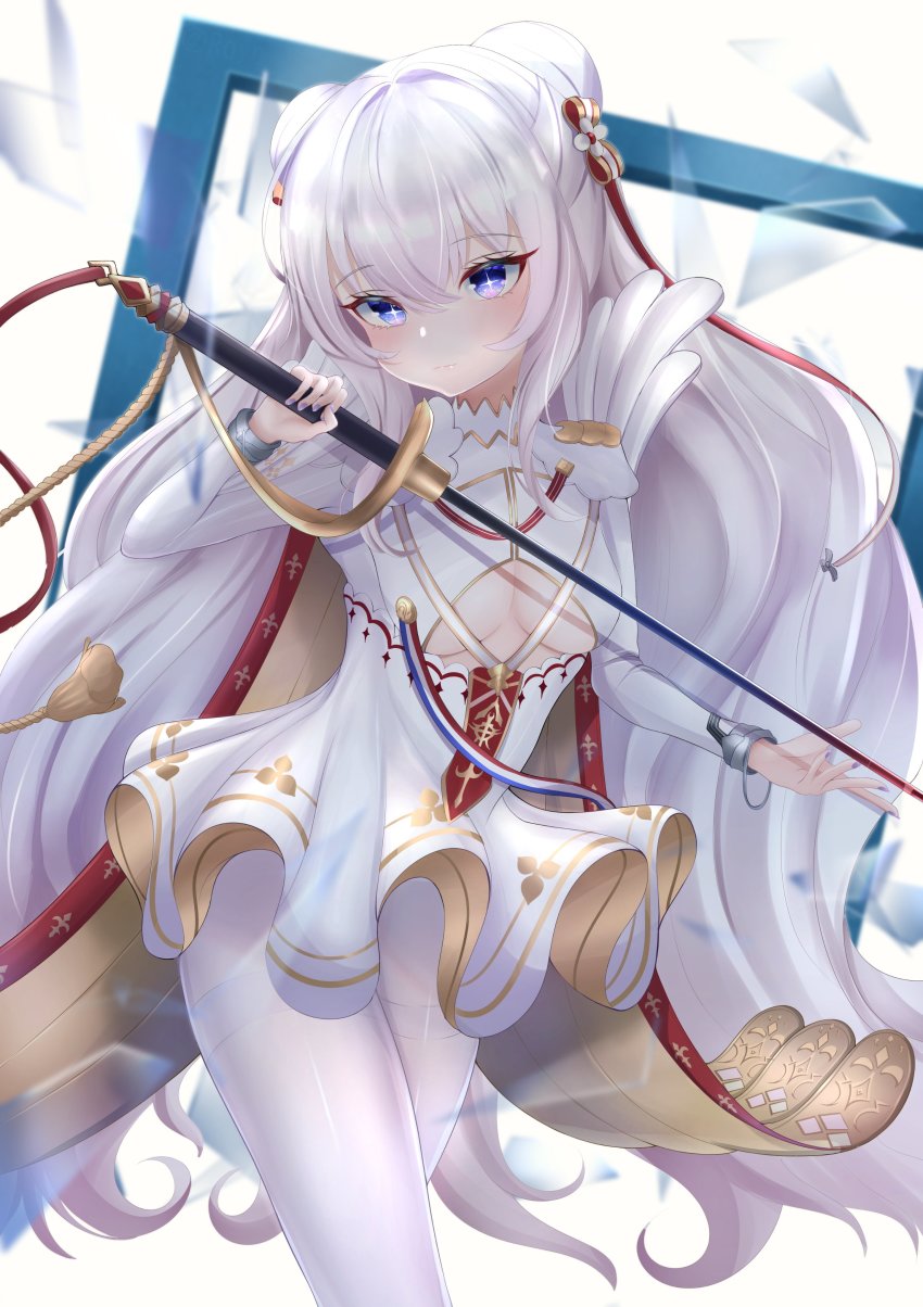+_+, 1girl, absurdres, azur_lane, breasts, clothing_cutout, cowboy_shot, double_bun, hair_bun, highres, holding, holding_sword, holding_weapon, le_malin_(azur_lane), long_hair, looking_at_viewer, pantyhose, purple_eyes, rapier, royo21294110, small_breasts, solo, sword, thigh_strap, tutu, underboob, underboob_cutout, very_long_hair, weapon, white_hair, white_pantyhose