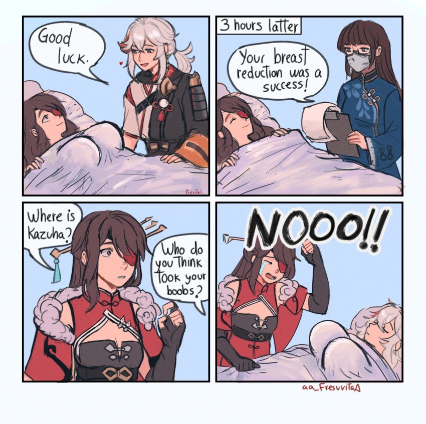 1boy, 2girls, aa_fresuvita, armor, beidou_(genshin_impact), black_gloves, breast_reduction, breasts, brown_hair, cleavage, clenched_hand, clipboard, closed_eyes, comic, commentary, crying, dress, elbow_gloves, english_commentary, english_text, eyepatch, fingerless_gloves, genshin_impact, gloves, grey_hair, heart, highres, japanese_armor, japanese_clothes, kaedehara_kazuha, large_breasts, long_hair, lying, mask, mouth_mask, multicolored_hair, multiple_girls, on_bed, parted_lips, pillow, ponytail, red_hair, sleeping, small_breasts, smile, speech_bubble, streaked_hair, twitter_username