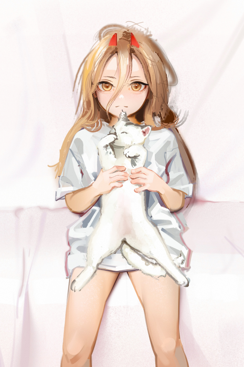 1girl, absurdres, aged_down, animal, blonde_hair, brown_eyes, cat, chainsaw_man