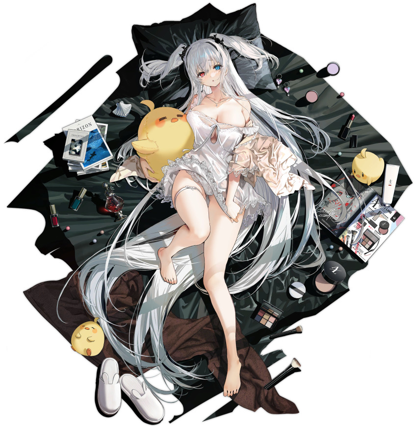 1girl, animal, azur_lane, bare_shoulders, barefoot, bed_sheet, bird, blue_eyes