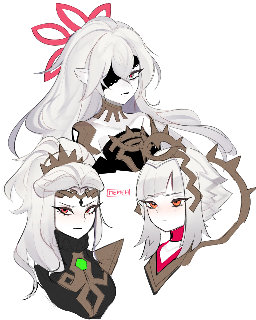 3girls, absurdres, animal_ears, bat_ears, black_lips, choker, collarbone, embla_(fire_emblem), eyepatch, fire_emblem, fire_emblem_heroes, green_eyes, grey_hair, halo, highres, lace-trimmed_eyepatch, letizia_(fire_emblem), long_hair, looking_at_viewer, memeh, multiple_girls, nintendo, pale_skin, ponytail, red_eyes, short_hair_with_long_locks, tiara, upper_body, veronica_(fire_emblem), veronica_(princess_rising)_(fire_emblem), watermark