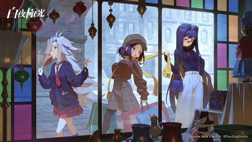 3girls, absurdres, alchemy_stars, allura_(alchemy_stars), alternate_costume, antenna_hair, bag, belt, black_hair, blue_eyes, blue_shirt, breasts, brown_headwear, brown_pantyhose, brown_sweater, building, cardigan, casual, chicken_(food), chicken_leg, company_name, copyright_name, copyright_notice, cordy_(alchemy_stars), doll, eating, food, glasses, grey_hair, grey_skirt, hair_intakes, hand_on_own_hip, handbag, hat, highres, holding, holding_food, jewelry, lamp, large_breasts, lizard, long_hair, long_sleeves, looking_at_another, multiple_girls, necktie, official_art, open_mouth, pants, pantyhose, pendant, pince-nez, plaid_clothes, plaid_skirt, pleated_skirt, popped_collar, red_necktie, red_skirt, revy_(alchemy_stars), scar, scar_on_face, scarf, scarf_pull, shirt, shirt_tucked_in, shopping_bag, short_hair, shoulder_bag, sidelocks, skirt, small_breasts, socks, standing, sweatdrop, sweater, treasure_chest, turtleneck, vase, walking, white_pants, white_shirt, window, yellow_eyes