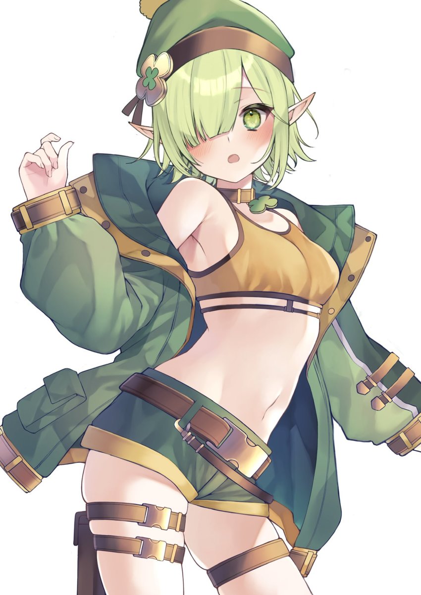 1girl, aoi_(camp)_(princess_connect!), aoi_(princess_connect!), beanie, belt, beret, choker, clover, elf, green_eyes, green_hair, green_hat, hair_over_one_eye, hat, highres, looking_at_viewer, open_mouth, pointy_ears, pouch, princess_connect!, short_hair, short_shorts, shorts, simple_background, sports_bra, thigh_pouch, thigh_strap, toramaru_(toramal9831), white_background