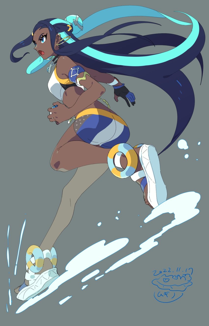 1girl, 2022, armlet, ass, bare_shoulders, bikini, black_gloves, blue_eyes