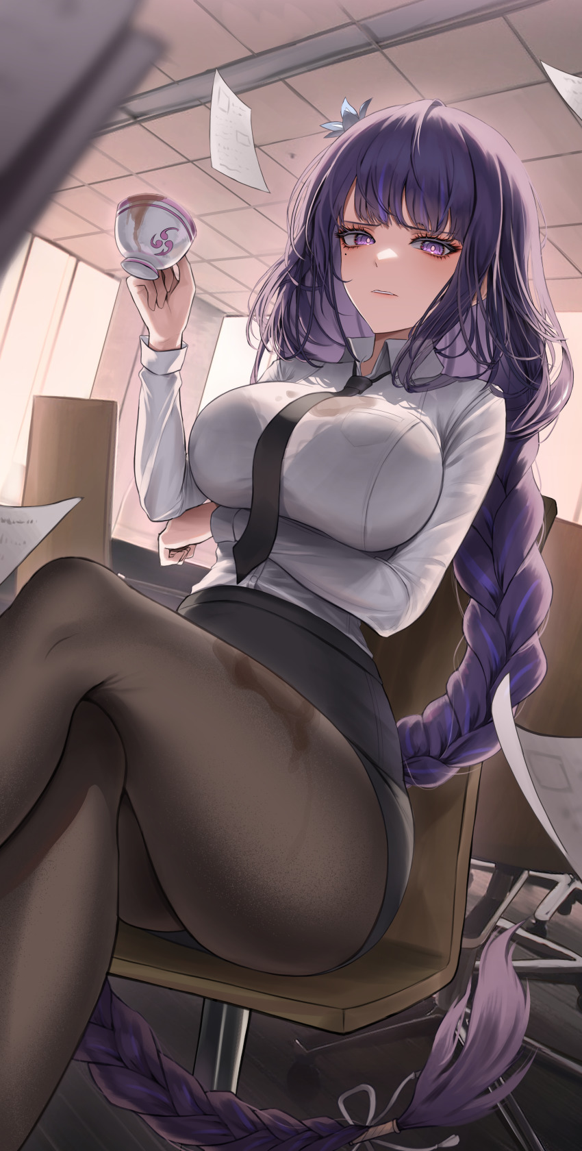 1girl, absurdres, black_necktie, black_skirt, braid, breasts, brown_pantyhose, crossed_legs, cup, erbium, formal_clothes, genshin_impact, highres, holding, holding_cup, indoors, large_breasts, long_hair, looking_at_viewer, necktie, office_lady, pantyhose, parted_lips, purple_eyes, purple_hair, raiden_shogun, see-through_clothes, see-through_shirt, shirt, sitting, skirt, skirt_suit, solo, suit, teacup, very_long_hair, wet, wet_clothes, wet_pantyhose, wet_shirt, white_shirt