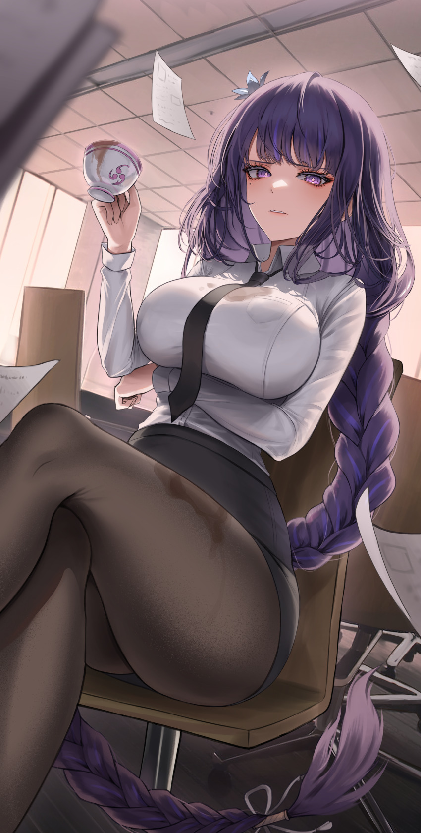 1girl, absurdres, black_necktie, black_skirt, braid, breasts, brown_pantyhose, crossed_legs, cup, erbium, formal_clothes, genshin_impact, highres, holding, holding_cup, indoors, large_breasts, long_hair, looking_at_viewer, necktie, office_lady, pantyhose, parted_lips, purple_eyes, purple_hair, raiden_shogun, shirt, sitting, skirt, skirt_suit, solo, suit, teacup, very_long_hair, wet, wet_clothes, wet_pantyhose, wet_shirt, white_shirt