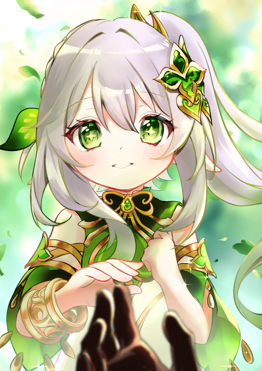 1boy, 1girl, absurdres, aether_(genshin_impact), black_gloves, blurry, bracelet, braid