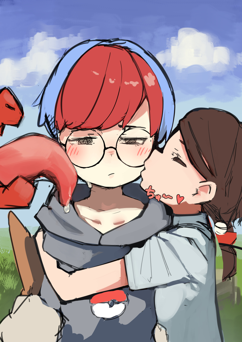 2girls, absurdres, blush, brown_hair, glasses, highres, hood, hoodie, juliana_(pokemon), kiss, kissing_cheek, koraidon, licking, multicolored_hair, multiple_girls, nintendo, penny_(pokemon), poke_ball_symbol, pokemon, pokemon_(creature), pokemon_scarlet_and_violet, round_eyewear, short_hair, titi_titi, two-tone_hair, yuri
