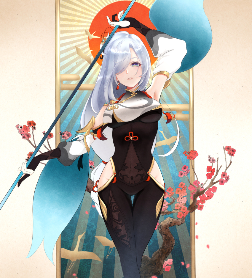 1girl, arm_up, armpits, black_bodysuit, bodysuit, commentary_request, detached_sleeves, earrings