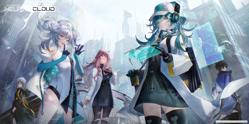 1boy, 4girls, absurdres, aki_(neural_cloud), animal_ears, antonina_(neural_cloud), aqua_hair, black_dress