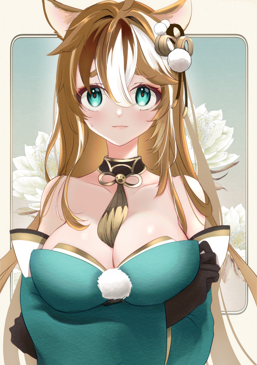 1girl, absurdres, ahoge, aqua_eyes, bare_shoulders, breasts, brown_hair, choker, cleavage, collarbone, commentary_request, crossed_arms, detached_sleeves, floral_background, genderswap, genderswap_(mtf), genshin_impact, gorou_(genshin_impact), hair_between_eyes, hair_ornament, highres, hina_(genshin_impact), japanese_clothes, large_breasts, long_hair, looking_at_viewer, multicolored_hair, paw_print, raramente, sidelocks, solo, stapler, strapless, streaked_hair, sweatdrop, thick_eyebrows, two-tone_hair, wide_sleeves