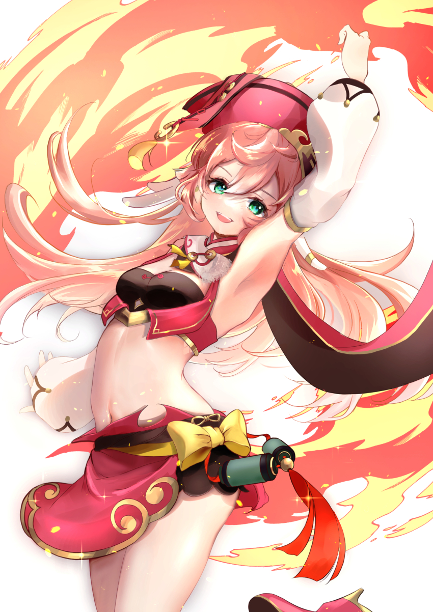 1girl, :d, antlers, arm_up, armpits, breasts, cleavage, commentary_request