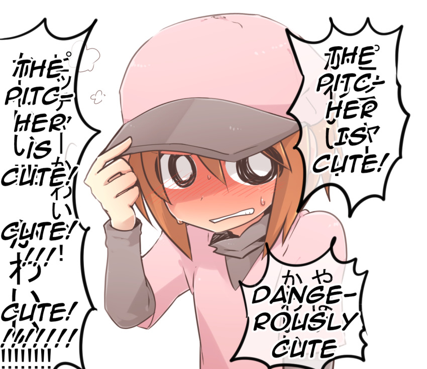 1girl, adjusting_clothes, adjusting_headwear, baseball_cap, blush, bright_pupils, brown_hair, clenched_teeth, dress, embarrassed, english_text, full-face_blush, grey_shirt, hair_between_eyes, hand_to_head, hard-translated, hat, head_steam, ijimeka_(meme), jiima_tarou, layered_clothes, meme, minna_no_rhythm_tengoku, nose_blush, pink_dress, pink_hat, pitcher_(rhythm_tengoku), rhythm_tengoku, shirt, short_hair, simple_background, solo, teeth, third-party_edit, translated, turtleneck, undershirt, upper_body, white_background, white_pupils