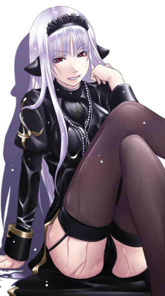 1girl, alternate_color, female_focus, gem, long_hair, mr.romance, panties, pearl_(gemstone), priest, priest_(ragnarok_online), ragnarok_online, red_eyes, silver_hair, sitting, smile, solo, thighhighs, underwear, wet, wet_clothes, whitemaria