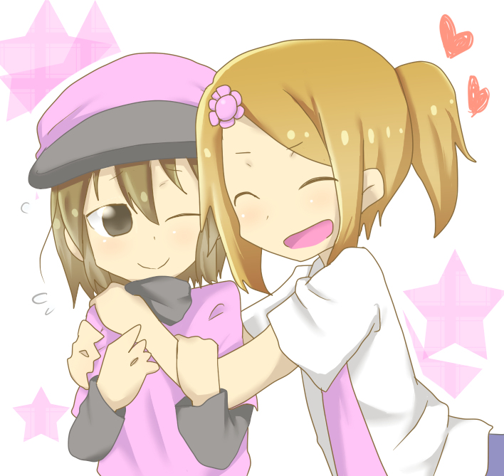 black_shirt, blue_skirt, brown_hair, dress, flower, hair_flower, hair_ornament, heart