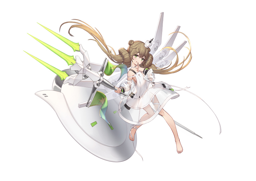 1girl, :q, absurdres, barefoot, brown_hair, chocolate, chocolate_on_hand, dress