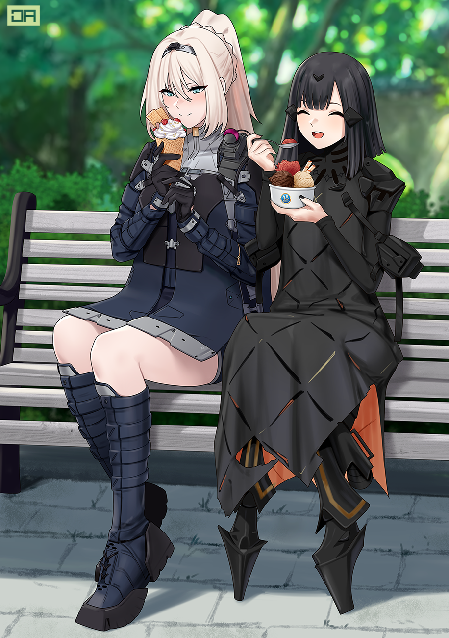 2girls, adeline_(girls'_frontline), an-94_(girls'_frontline), an-94_(mod3)_(girls'_frontline), android, bench, black_hair, boots