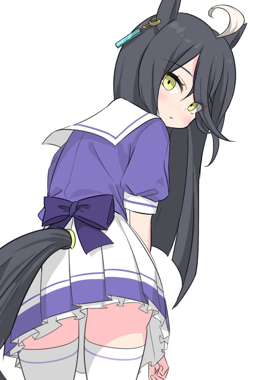 1girl, absurdres, ahoge, animal_ears, ass, black_hair, bow, cowboy_shot, ear_piercing, frilled_skirt, frills, from_behind, highres, horse_ears, horse_girl, horse_tail, long_bangs, long_hair, looking_at_viewer, looking_back, manhattan_cafe_(umamusume), multicolored_hair, piercing, pleated_skirt, puffy_short_sleeves, puffy_sleeves, purple_bow, purple_serafuku, sailor_collar, sailor_shirt, school_uniform, serafuku, shimosazami, shirt, short_sleeves, simple_background, skirt, solo, summer_uniform, tail, thighhighs, tracen_school_uniform, two-tone_hair, umamusume, white_background, white_hair, white_skirt, white_thighhighs, yellow_eyes