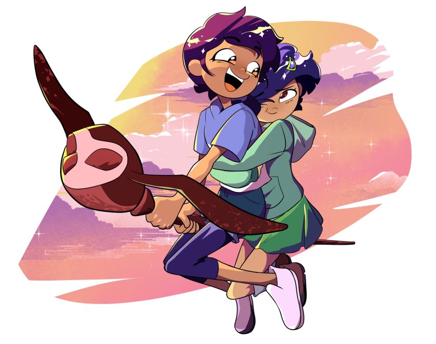 2girls, amphibia, aqua_hoodie, black_hair, black_pantyhose, black_shorts, brown_eyes, brown_footwear, cloud, crossover, dark-skinned_female, dark_skin, full_body, ghoulinfuschia, green_skirt, hair_ornament, hairclip, highres, hood, hood_down, hoodie, hug, long_sleeves, luz_noceda, marcy_wu, multiple_girls, orange_sky, pantyhose, riding, shoes, short_hair, short_sleeves, shorts, skirt, sky, smile, sparkle, staff, the_owl_house, white_footwear