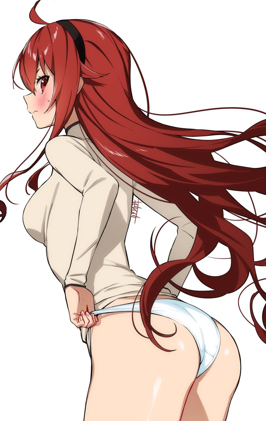 1girl, ahoge, ass, black_hairband, blush, breasts, crotch_seam, eris_greyrat, female_focus, from_behind, hairband, highres, long_hair, long_sleeves, looking_at_viewer, looking_back, medium_breasts, mushoku_tensei, panties, profile, red_eyes, red_hair, shirt, solo, standing, thighs, tochi_keisuke, underwear, wedgie, white_background, white_panties, white_shirt