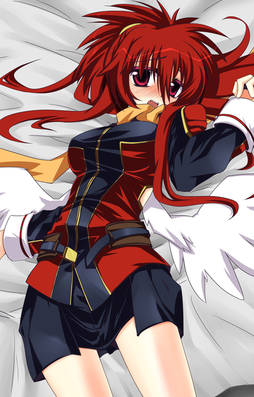 1girl, bed_sheet, belt, blush, breasts, female_focus, hamo_tosaka, lying