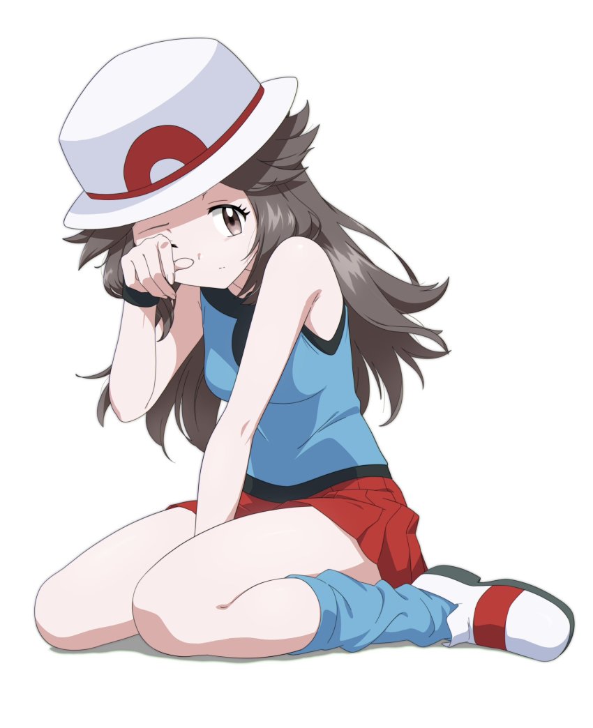1girl, blue_shirt, blue_socks, brown_eyes, brown_hair, bucket_hat, closed_mouth, commentary_request