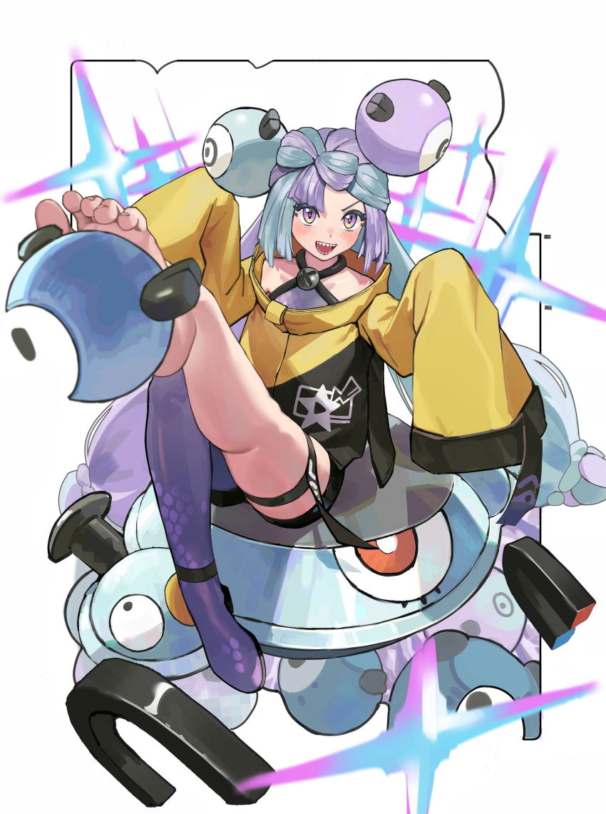 1girl, :d, absurdres, barefoot, blush, character_hair_ornament, commentary, feet