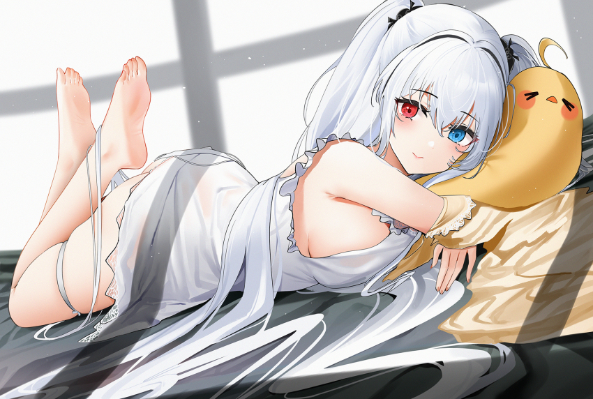 1girl, azur_lane, barefoot, blue_eyes, closed_mouth, dappled_sunlight, elbing_(azur_lane), elbing_(sleepless_night's_wishes)_(azur_lane)