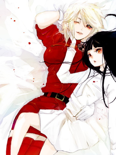 2girls, alucard_(hellsing), black_hair, blonde_hair, blood, genderswap, genderswap_(mtf), girlycard, hand_on_another's_face, hellsing, miniskirt, multiple_girls, necktie, one_eye_closed, red_eyes, sabir, seras_victoria, short_hair, skirt, smile, wink