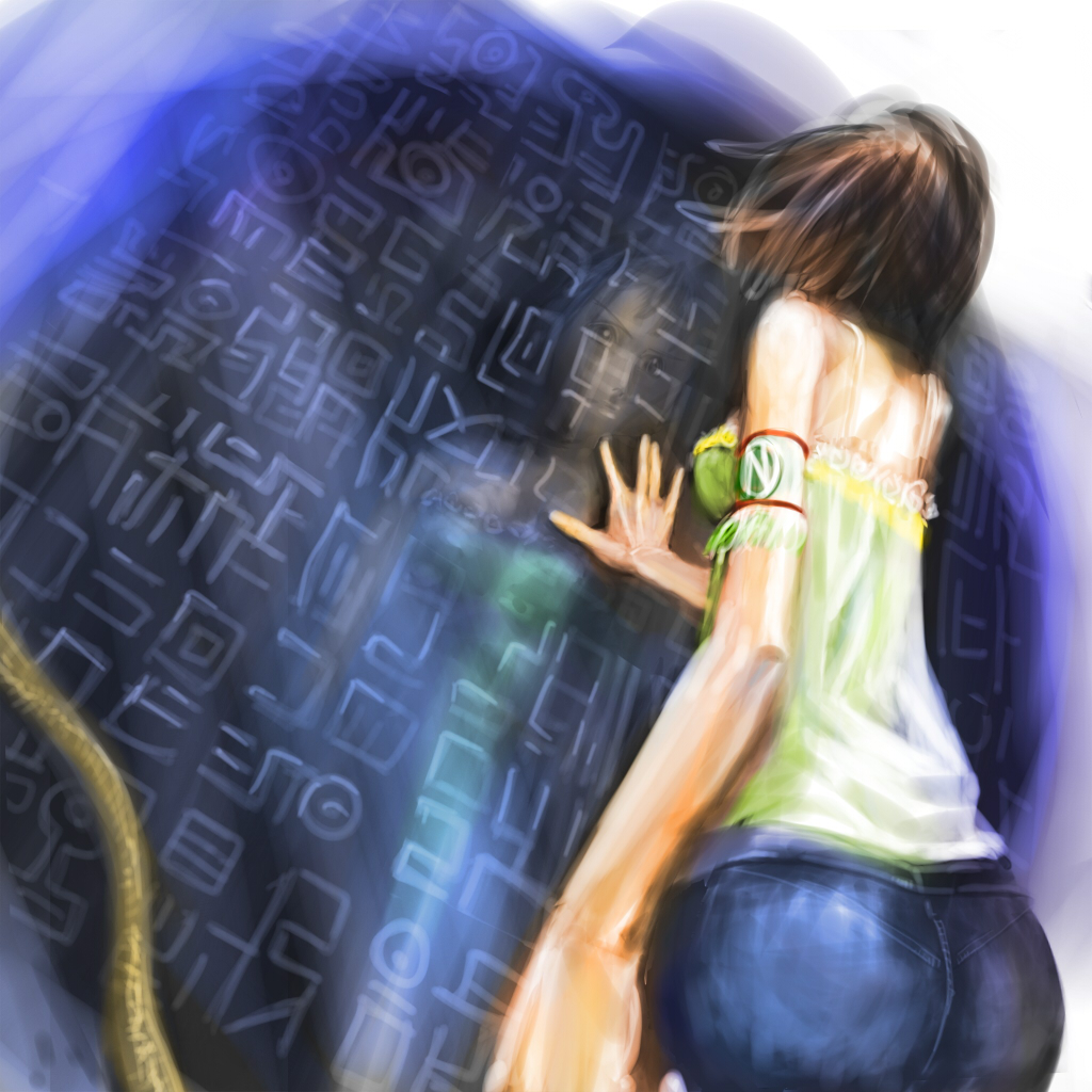 1girl, archeology, armlet, ass, black_hair, female_focus, hieroglyphics, hieroglyphs