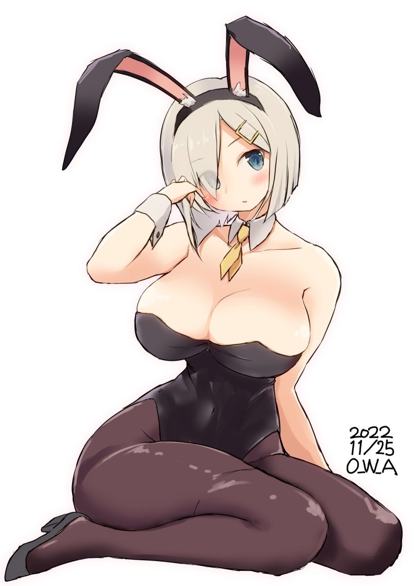 1girl, alternate_costume, animal_ears, artist_name, black_leotard, blue_eyes, blush, bow