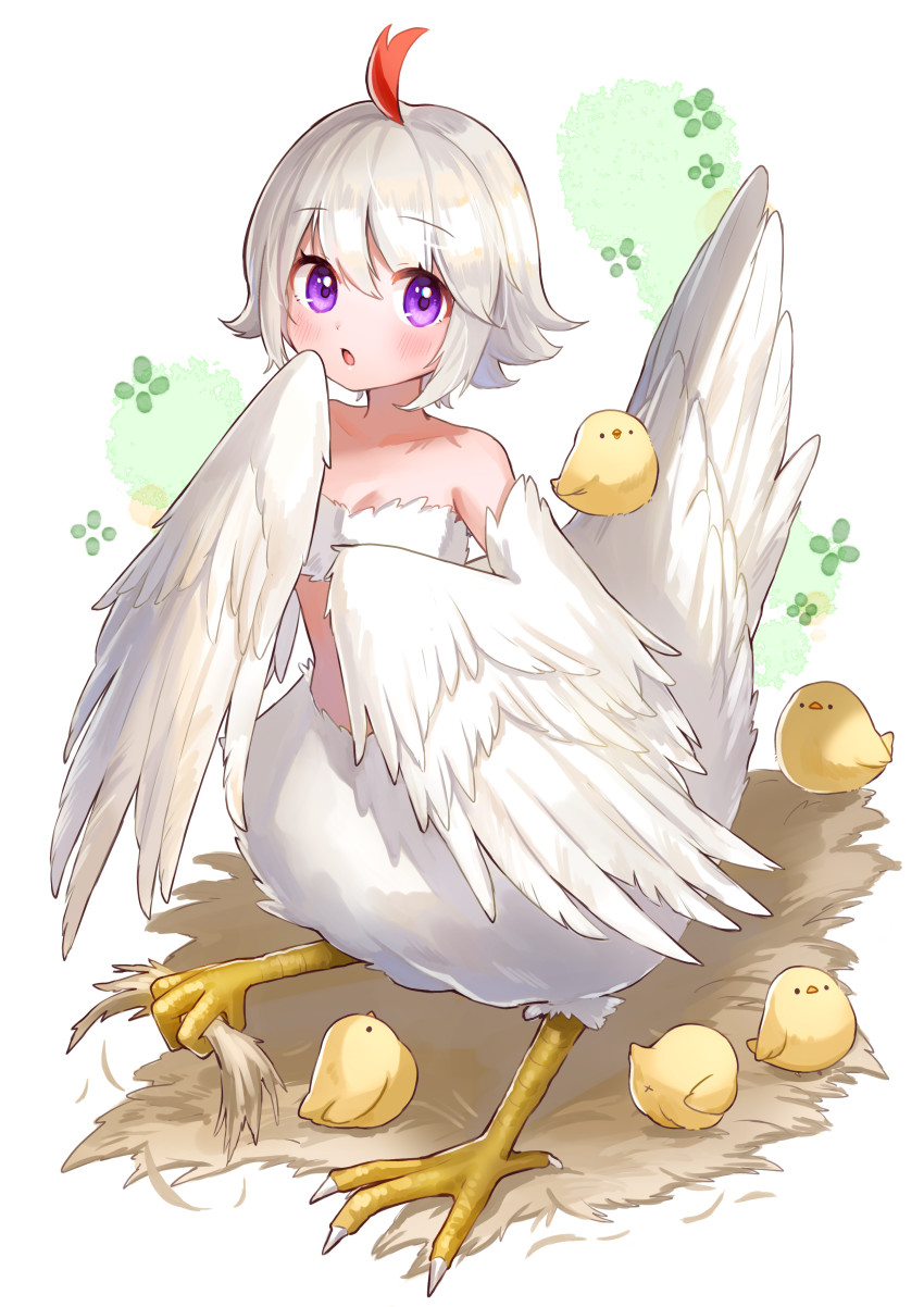 absurdres, baby_animal, bandeau, bird, bird_girl, bird_tail, bird_wings, blush, breasts, chick, cleavage, harpy, highres, holding_with_feet, miyamo_(fumifumi_no_ura), monster_girl, nest, original, parted_lips, plume, purple_eyes, second-party_source, short_hair, small_breasts, tail, talons, taur, tori_(tama), white_hair, winged_arms, wings, x_anus