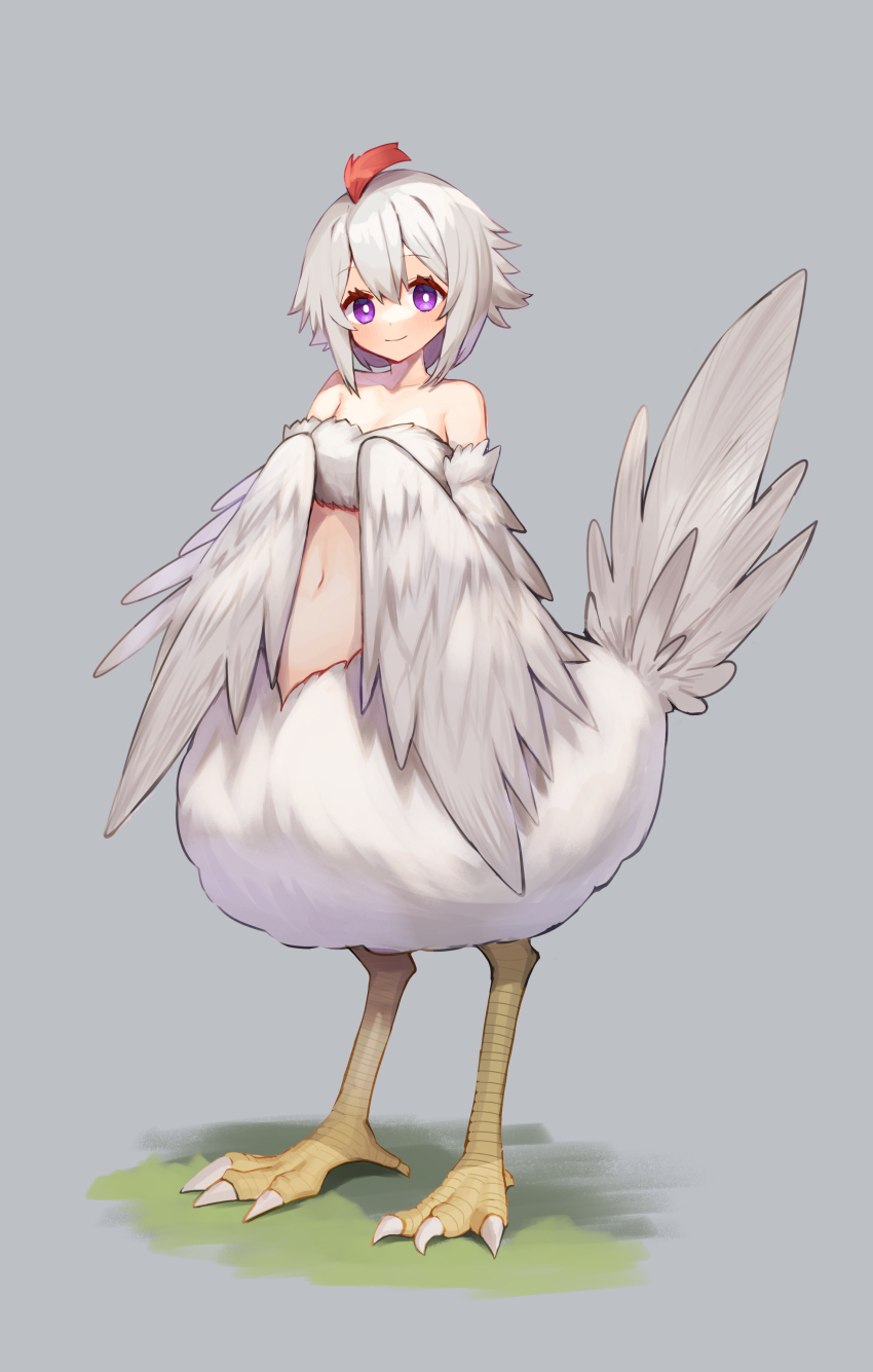 1girl, absurdres, ahoge, bandeau, bird_girl, bird_legs, bird_tail, bright_pupils, commission, feathers, full_body, grey_background, hair_between_eyes, harpy, highres, medium_hair, midriff, monster_girl, moti_yousei, navel, original, purple_eyes, red_hair, second-party_source, skeb_commission, smile, tail, taur, tori_(tama), white_feathers, white_hair, white_wings, winged_arms, wings