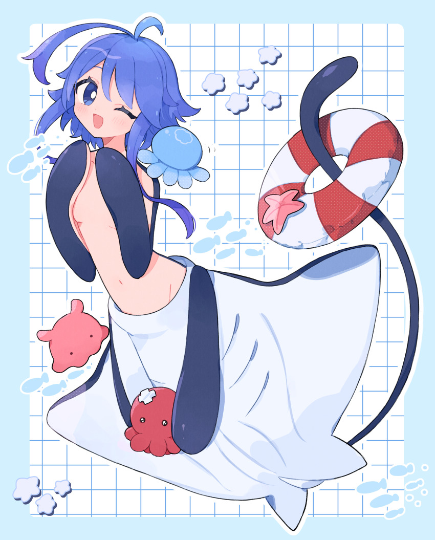 1girl, :d, absurdres, antenna_hair, blue_border, blue_hair, blush, border