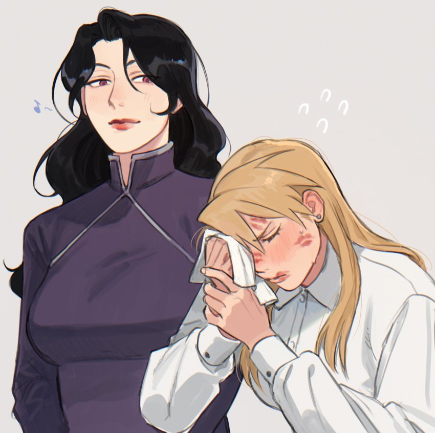 2girls, black_hair, blonde_hair, blush, china_dress, chinese_clothes, dress, embarrassed, fullmetal_alchemist, highres, lipstick, lipstick_mark, lipstick_mark_on_face, long_hair, lust_(fma), makeup, multiple_girls, red_lips, riza_hawkeye, shirt, theo_(tomochingus), white_shirt, wiping_face, yuri