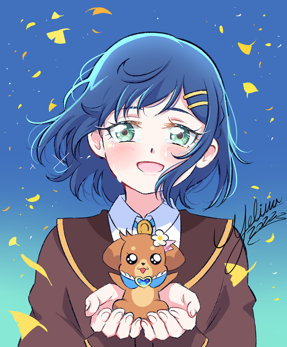 1other, artist_name, blue_background, blue_eyes, blue_hair, bob_cut, brown_jacket, collared_shirt