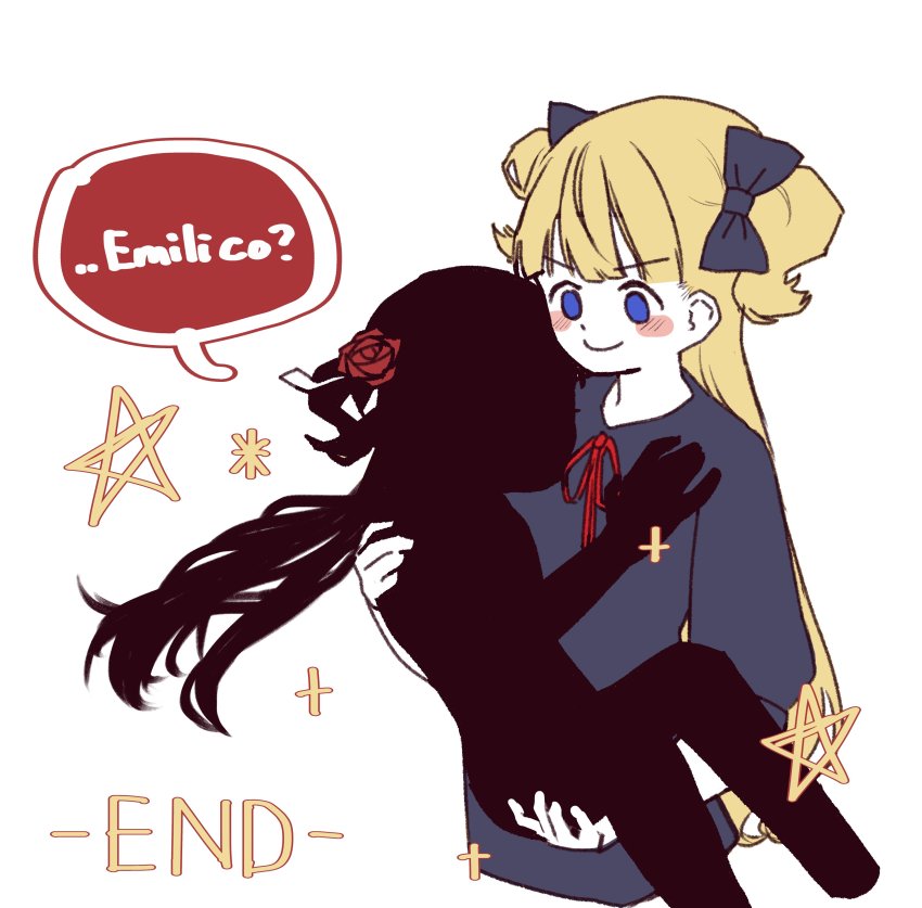 2girls, absurdres, blonde_hair, blue_bow, blue_eyes, blush_stickers, bow, carrying, emilico_(shadows_house), english_text, flower, hair_bow, hair_flower, hair_ornament, hair_ribbon, highres, hoi_plantmaster, kate_(shadows_house), long_hair, looking_at_another, multiple_girls, princess_carry, ribbon, shadow_(shadows_house), shadows_house, speech_bubble, standing, two_side_up, v-shaped_eyebrows, very_long_hair, white_ribbon, yuri