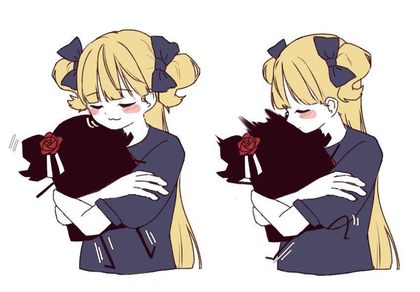 2girls, absurdres, blonde_hair, blue_eyes, blush_stickers, chibi, emilico_(shadows_house), flower, hair_flower, hair_ornament, hair_ribbon, highres, hoi_plantmaster, hug, kate_(shadows_house), kiss, long_hair, looking_at_another, multiple_girls, pajamas, red_flower, red_rose, ribbon, rose, shadow_(shadows_house), shadows_house, simple_background, trembling, two_side_up, white_background, white_ribbon, yuri