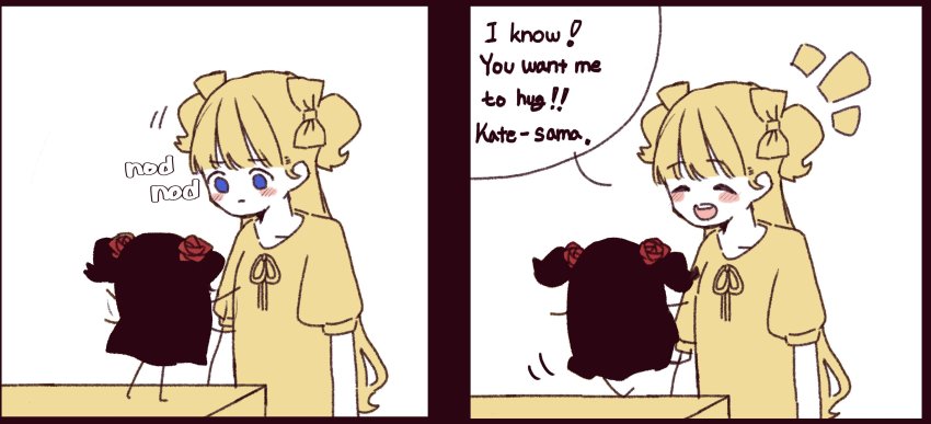 2girls, absurdres, blonde_hair, blue_eyes, blush_stickers, chibi, emilico_(shadows_house), english_text