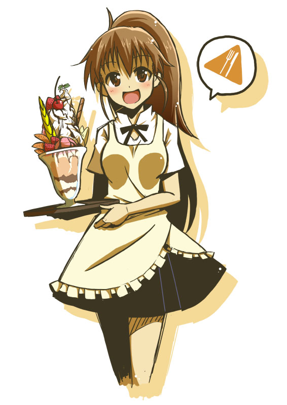 1girl, :d, apron, blush, brown_eyes, brown_hair, cherry, corona_(knm)