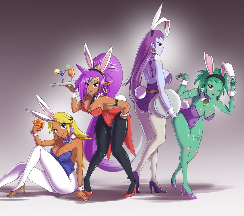 4girls, absurdres, ass, blonde_hair, blue_eyes, breasts, cleavage, colored_skin, earrings, green_skin, high_heels, highres, jewelry, multiple_girls, playboy_bunny, pointy_ears, ponytail, purple_hair, risky_boots, rottytops, ruru_(sonicboom30813), shantae, shantae_(series), sky_(shantae), solo, sonicboom30813