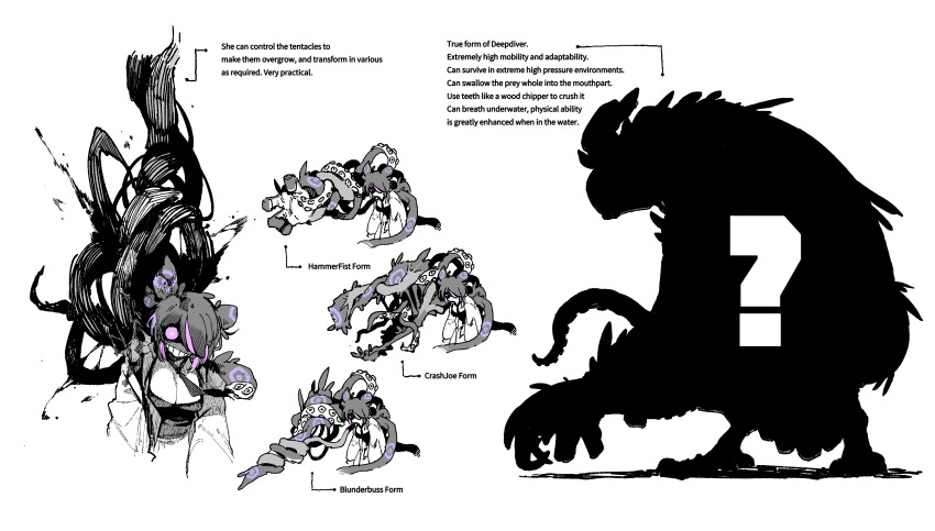 1girl, absurdres, breasts, reference_sheet, cleavage, english_text, evil_smile, extra_arms