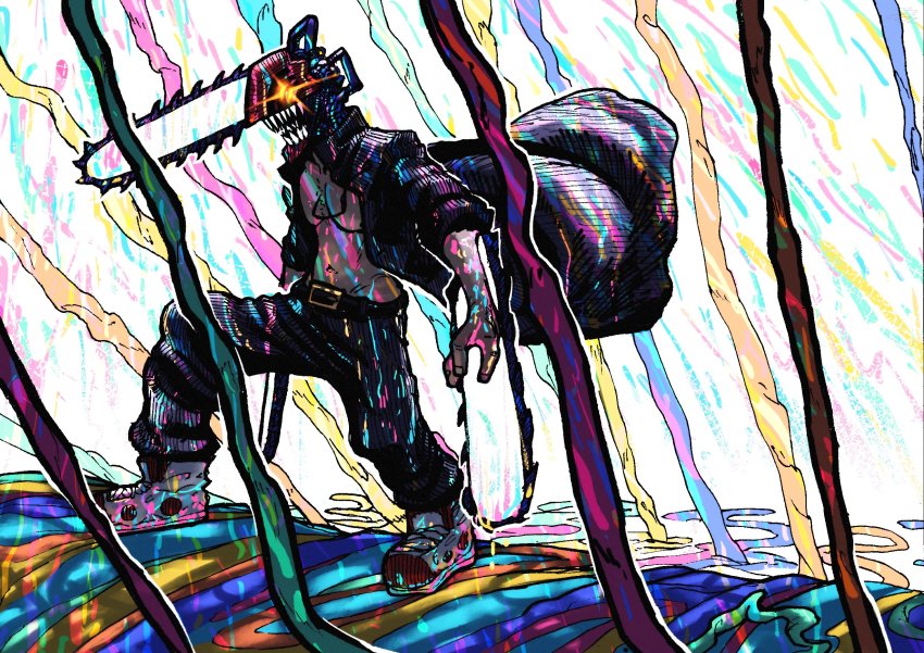 1boy, black_coat, blood, blood_on_clothes, chainsaw, chainsaw_man, coat, denji_(chainsaw_man)