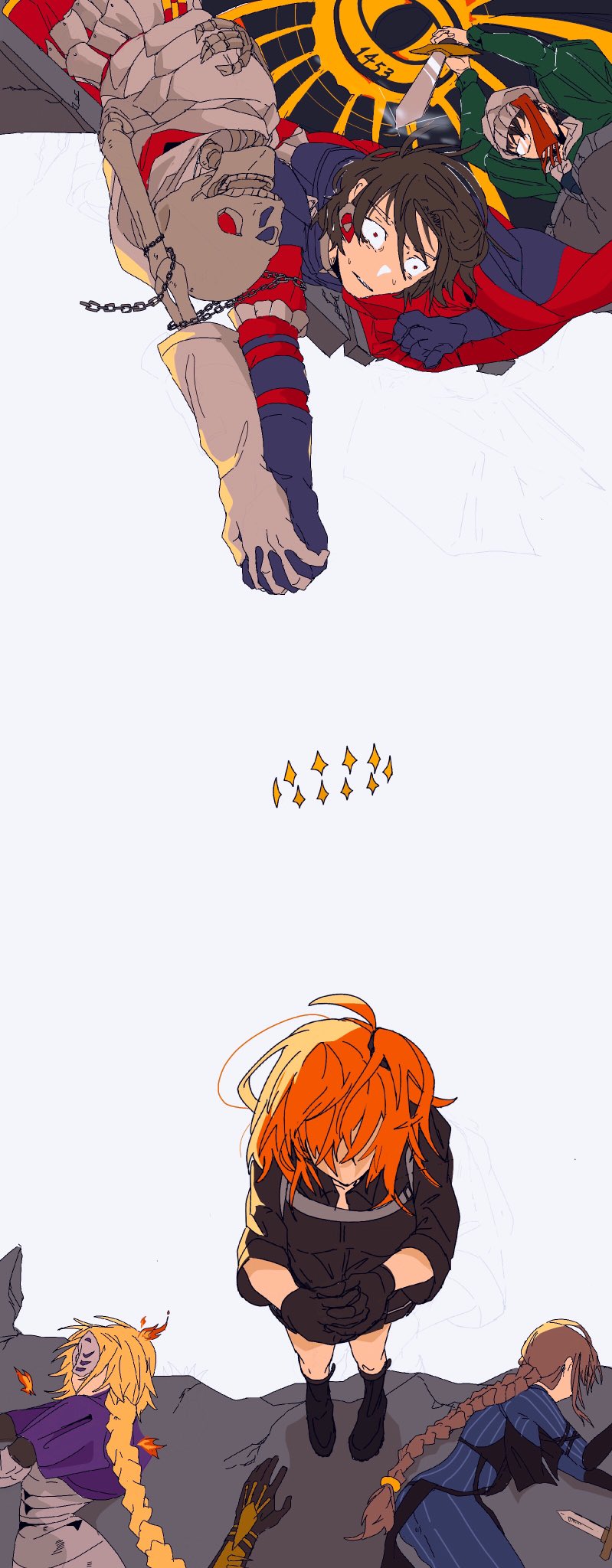 2boys, 3girls, armor, black_cape, black_dress, black_footwear, black_gloves, black_hair