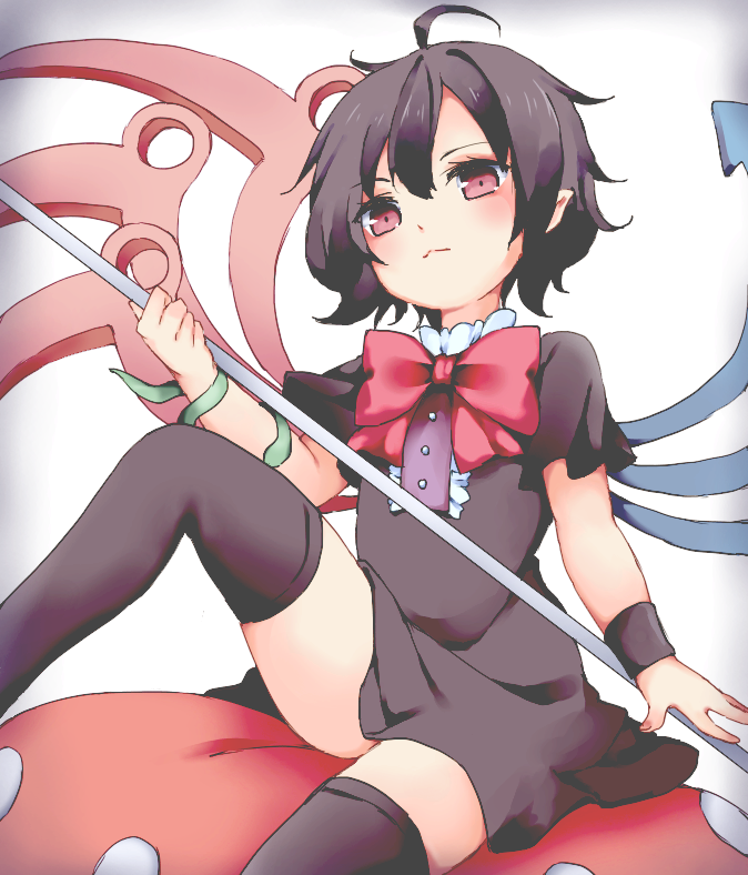 1girl, :<, ahoge, asymmetrical_wings, black_dress, black_hair, black_thighhighs, blush, bow, bowtie, center_frills, closed_mouth, cycloneyukari, dress, expressionless, feet_out_of_frame, fingernails, flat_chest, frills, holding, holding_polearm, holding_weapon, houjuu_nue, knee_up, leg_up, looking_at_viewer, polearm, purple_eyes, red_bow, red_bowtie, short_hair, short_sleeves, simple_background, sitting, snake, solo, thighhighs, thighs, touhou, weapon, white_background, wings, wristband, zettai_ryouiki